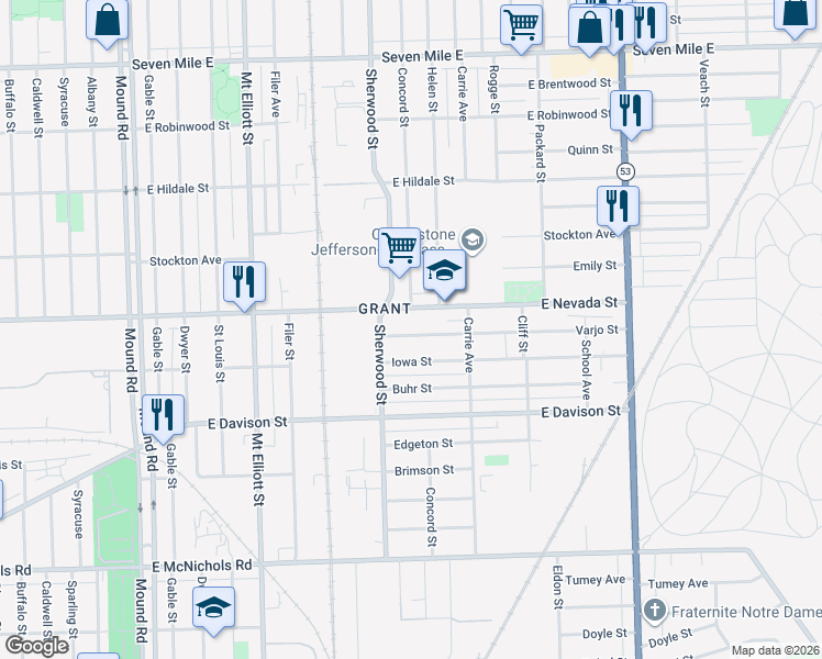 map of restaurants, bars, coffee shops, grocery stores, and more near 6751 Varjo Street in Hamtramck