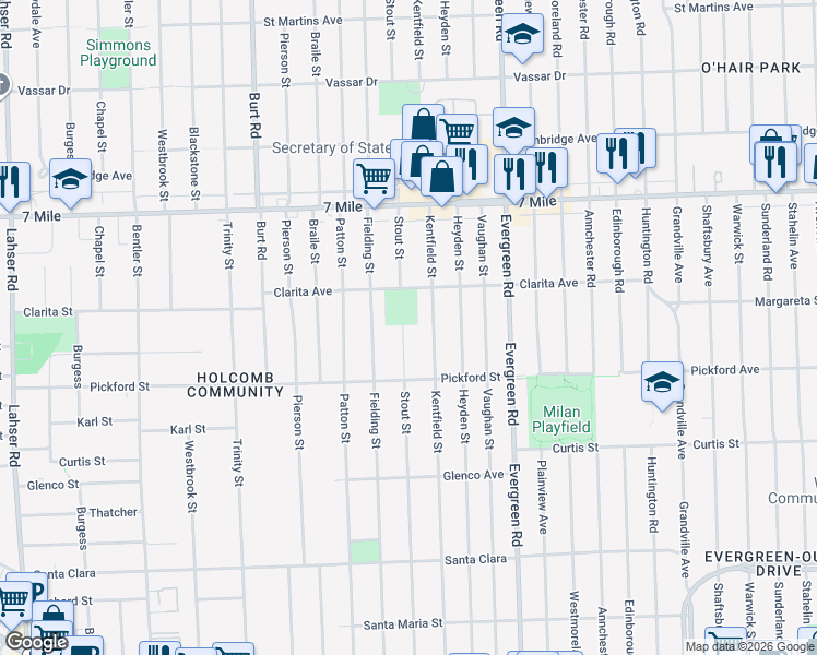 map of restaurants, bars, coffee shops, grocery stores, and more near 18506 Stout Street in Detroit