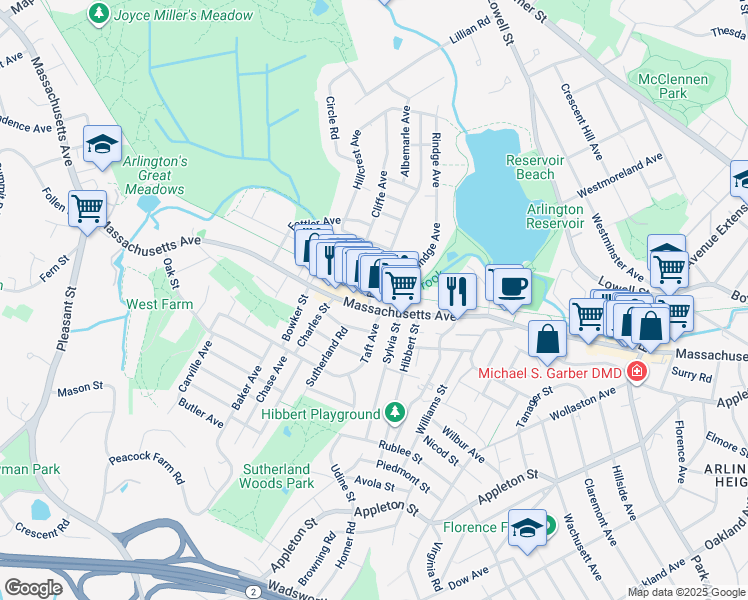 map of restaurants, bars, coffee shops, grocery stores, and more near 109 Massachusetts Avenue in Lexington