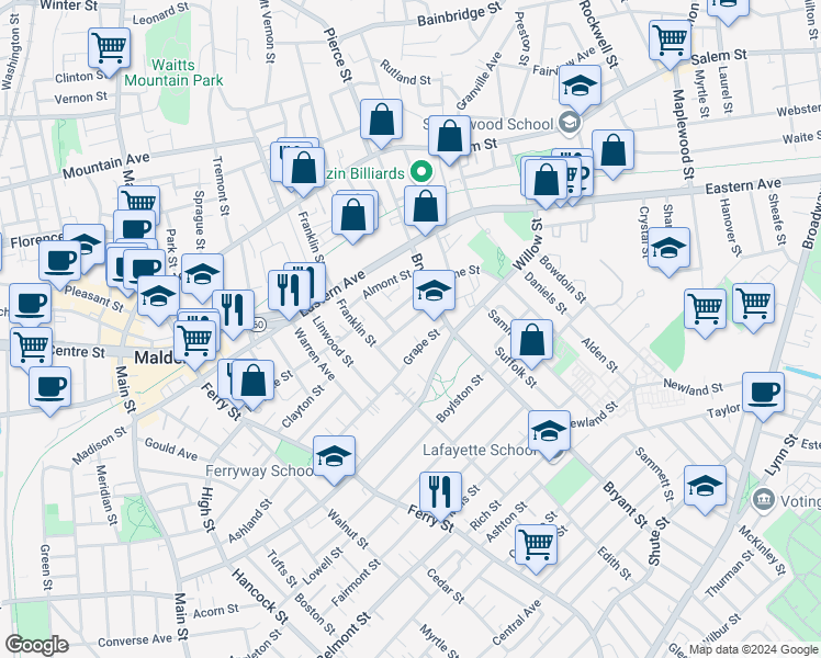 map of restaurants, bars, coffee shops, grocery stores, and more near 29 Newton Street in Malden