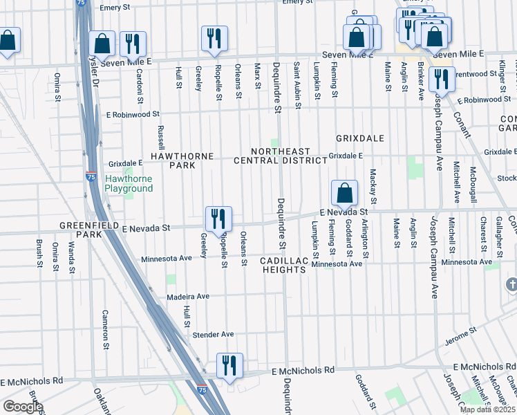 map of restaurants, bars, coffee shops, grocery stores, and more near 18050 Marx Street in Highland Park