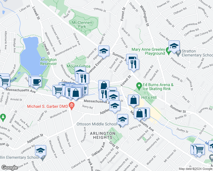 map of restaurants, bars, coffee shops, grocery stores, and more near 56 Bow Street in Arlington