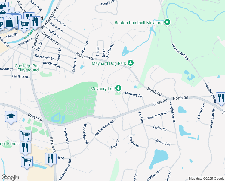 map of restaurants, bars, coffee shops, grocery stores, and more near 10 Oak Ridge Drive in Maynard