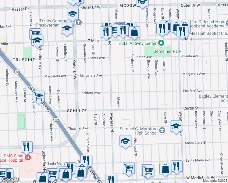 map of restaurants, bars, coffee shops, grocery stores, and more near 18400 Meyers Road in Detroit