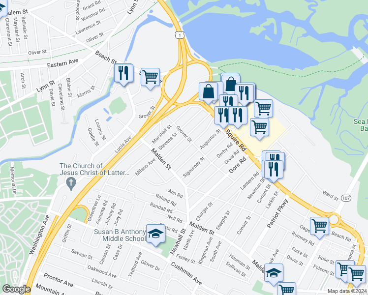 map of restaurants, bars, coffee shops, grocery stores, and more near 54 Keayne Street in Revere