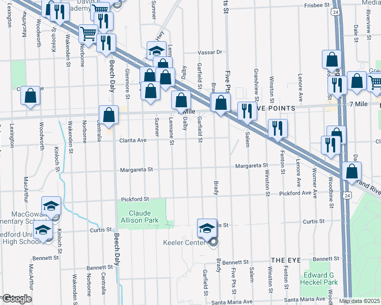 map of restaurants, bars, coffee shops, grocery stores, and more near 18672 Dalby in Redford Charter Township