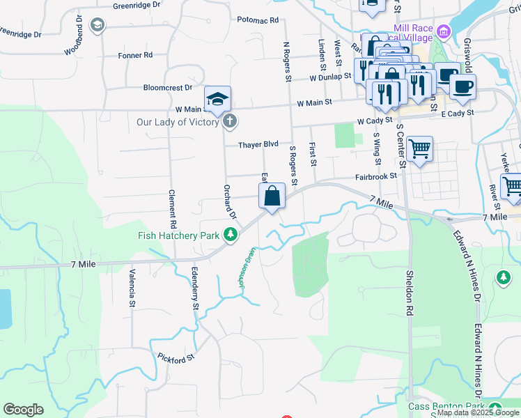 map of restaurants, bars, coffee shops, grocery stores, and more near 602 Fairbrook Street in Northville
