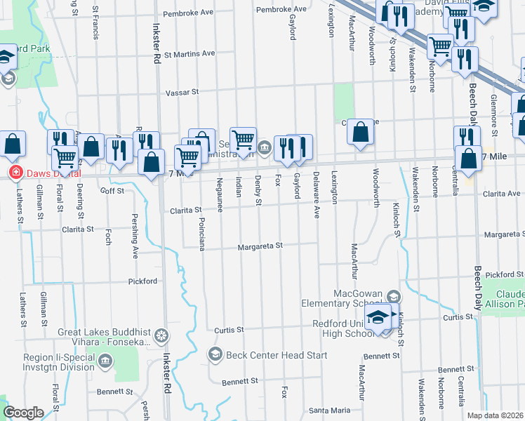 map of restaurants, bars, coffee shops, grocery stores, and more near 18714 Denby in Redford Charter Township