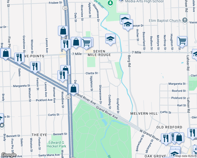 map of restaurants, bars, coffee shops, grocery stores, and more near 18670 Shiawassee Drive in Detroit