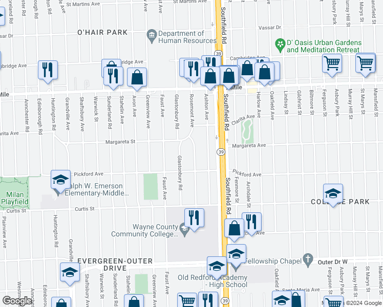 map of restaurants, bars, coffee shops, grocery stores, and more near 18473 Rosemont Avenue in Detroit