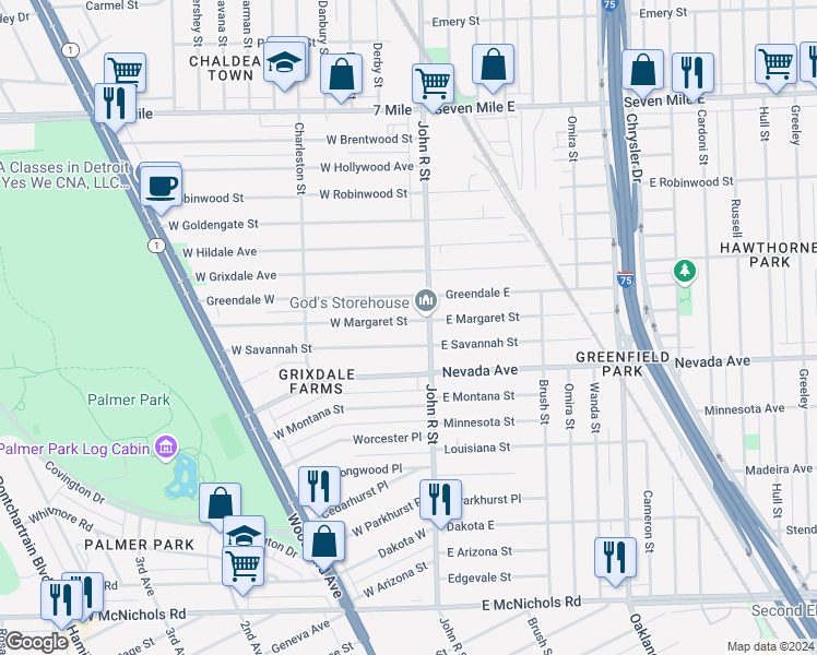 map of restaurants, bars, coffee shops, grocery stores, and more near 45 West Margaret Street in Highland Park