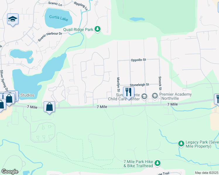 map of restaurants, bars, coffee shops, grocery stores, and more near 19194 Northridge Drive in Northville