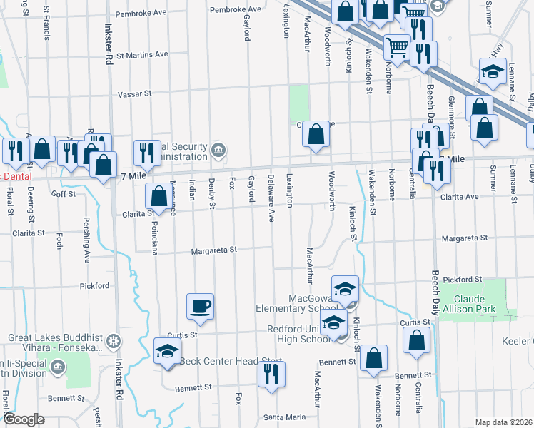 map of restaurants, bars, coffee shops, grocery stores, and more near 18697 Delaware Avenue in Redford Charter Township
