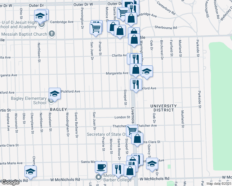 map of restaurants, bars, coffee shops, grocery stores, and more near 18307 Santa Rosa Drive in Detroit