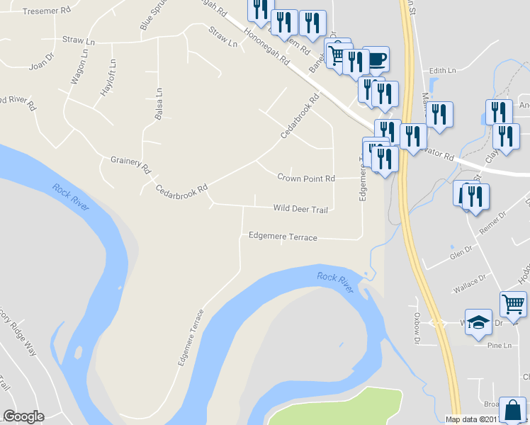 map of restaurants, bars, coffee shops, grocery stores, and more near 4709 Wild Deer Trail in Roscoe