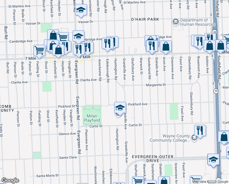 map of restaurants, bars, coffee shops, grocery stores, and more near 18491 Huntington Road in Detroit