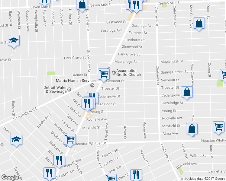 map of restaurants, bars, coffee shops, grocery stores, and more near 13696 Troester Street in Detroit