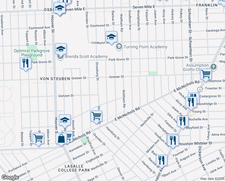 map of restaurants, bars, coffee shops, grocery stores, and more near 17388 Hamburg Street in Detroit