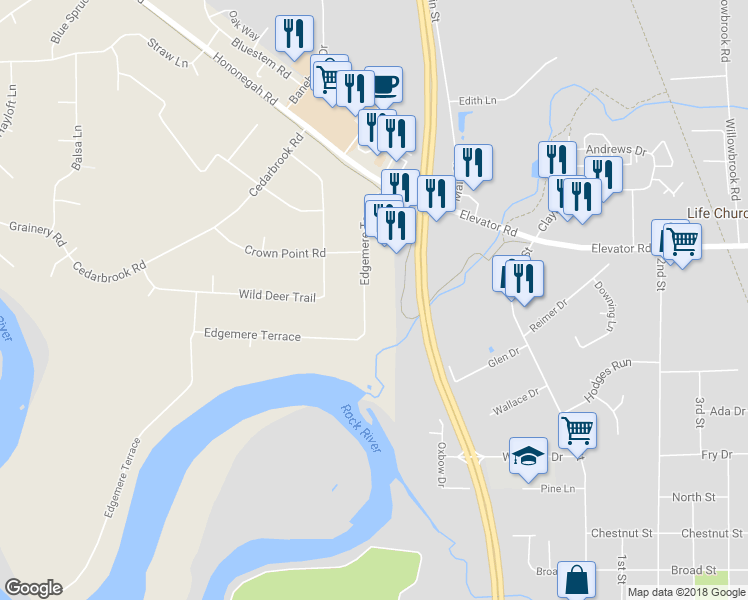 map of restaurants, bars, coffee shops, grocery stores, and more near 11395 Edgemere Terrace in Roscoe