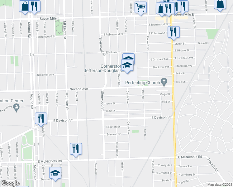 map of restaurants, bars, coffee shops, grocery stores, and more near 6793 Varjo St in Detroit