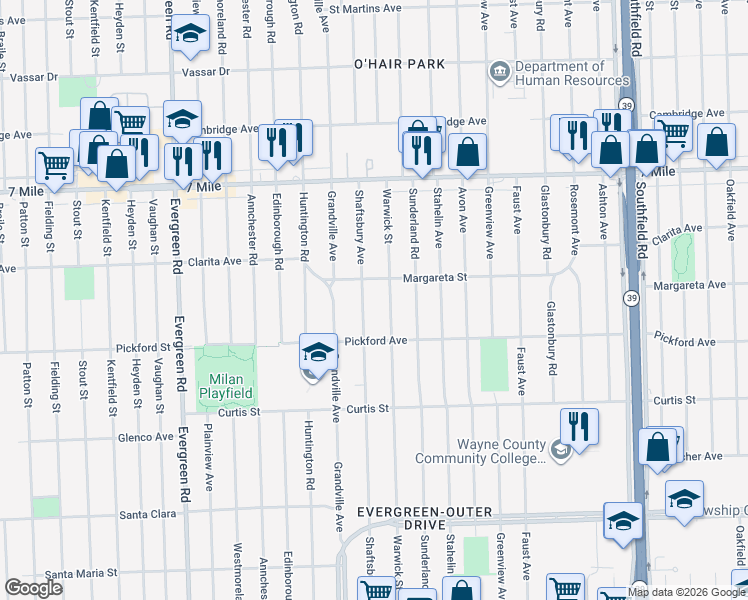 map of restaurants, bars, coffee shops, grocery stores, and more near 18492 Shaftsbury Avenue in Detroit