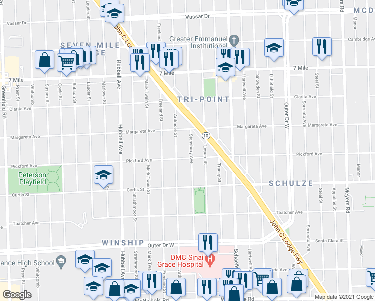 map of restaurants, bars, coffee shops, grocery stores, and more near 18429 Stansbury Avenue in Detroit