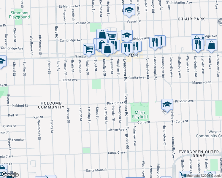 map of restaurants, bars, coffee shops, grocery stores, and more near 18509 Heyden Street in Detroit