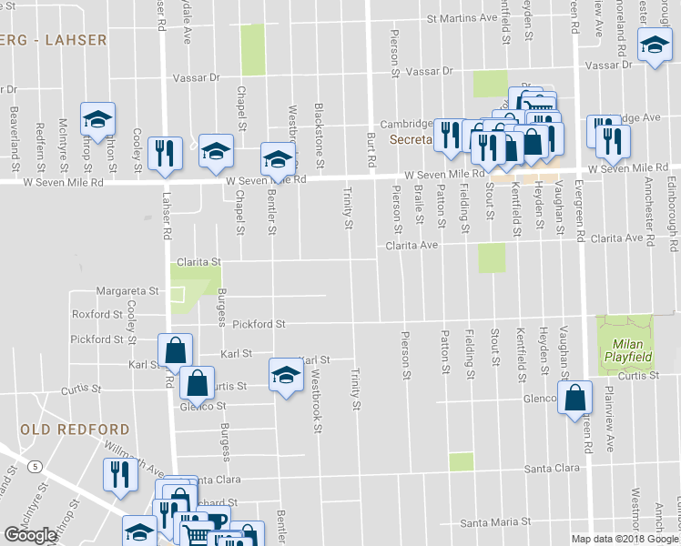 map of restaurants, bars, coffee shops, grocery stores, and more near 18521 Trinity Street in Detroit