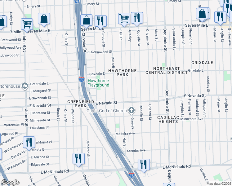 map of restaurants, bars, coffee shops, grocery stores, and more near 18066 Russell in Highland Park