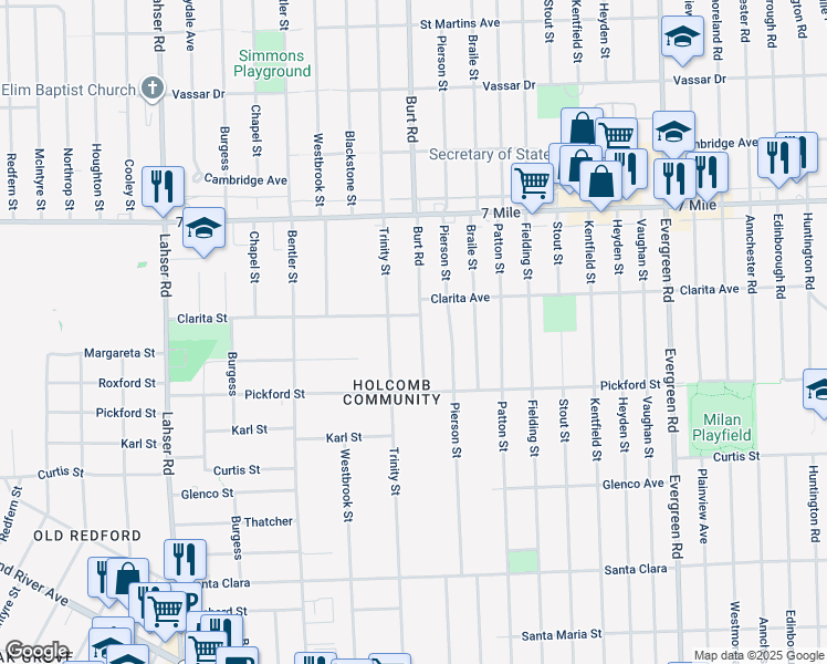 map of restaurants, bars, coffee shops, grocery stores, and more near 18525 Burt Road in Detroit