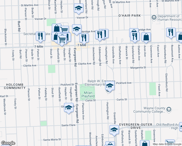 map of restaurants, bars, coffee shops, grocery stores, and more near 18496 Westmoreland Road in Detroit