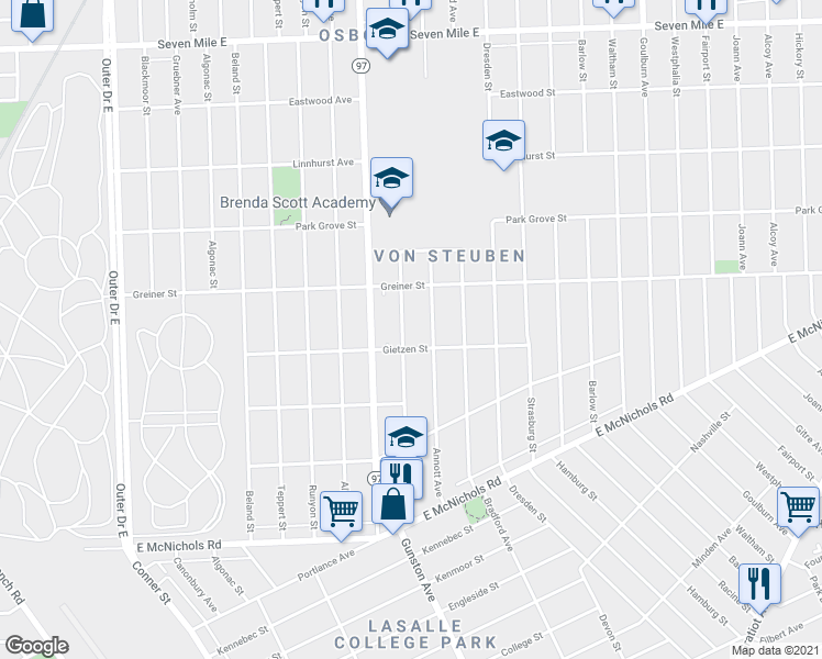 map of restaurants, bars, coffee shops, grocery stores, and more near 17836 Rowe Street in Detroit