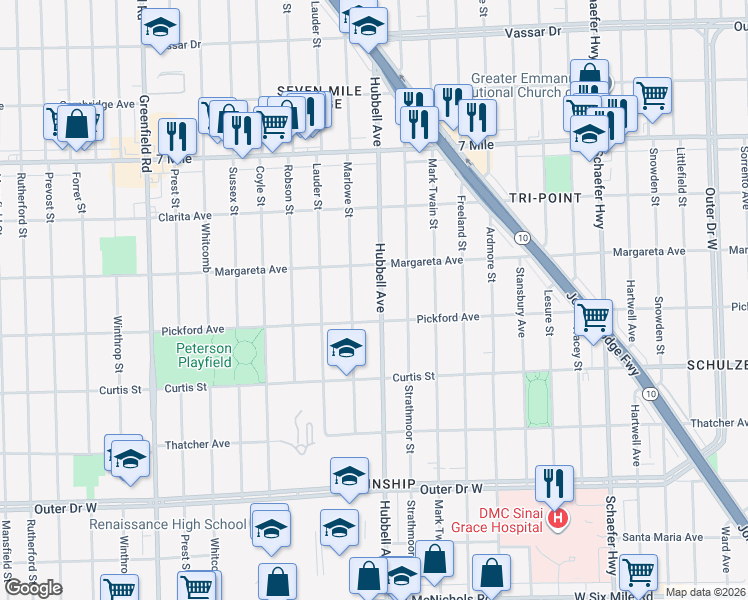 map of restaurants, bars, coffee shops, grocery stores, and more near 18445 Hubbell Avenue in Detroit