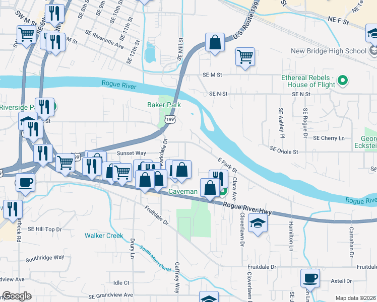 map of restaurants, bars, coffee shops, grocery stores, and more near 1322A Golden Park Drive in Grants Pass