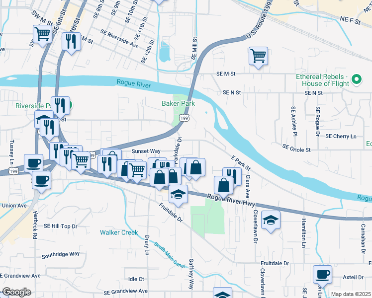 map of restaurants, bars, coffee shops, grocery stores, and more near 1301 Parkdale Drive in Grants Pass