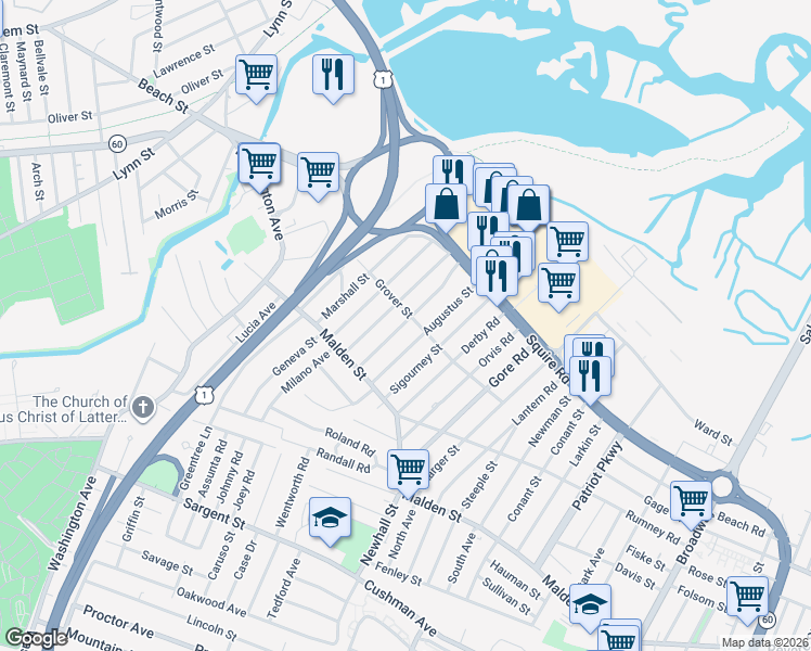 map of restaurants, bars, coffee shops, grocery stores, and more near 54 Keayne Street in Revere