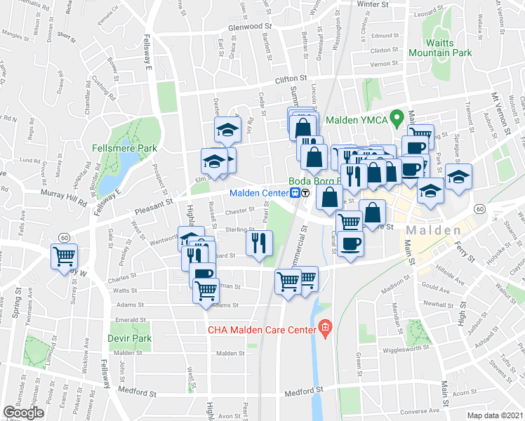 map of restaurants, bars, coffee shops, grocery stores, and more near 32 Pearl Street in Malden