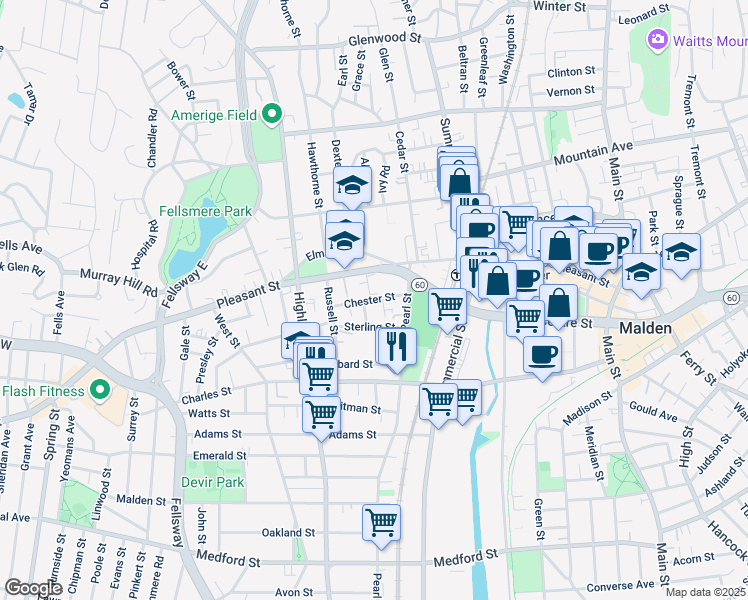 map of restaurants, bars, coffee shops, grocery stores, and more near 26-28 Chester Street in Malden