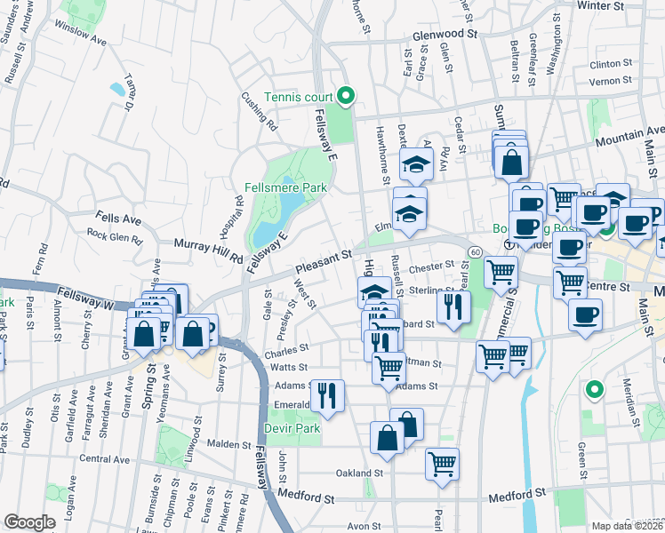 map of restaurants, bars, coffee shops, grocery stores, and more near 502 Pleasant Street in Malden