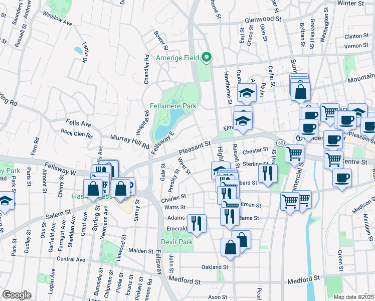 map of restaurants, bars, coffee shops, grocery stores, and more near 502 Pleasant Street in Malden