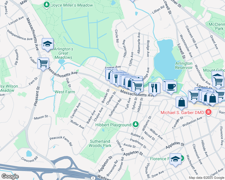 map of restaurants, bars, coffee shops, grocery stores, and more near 4 Bowker Street in Lexington