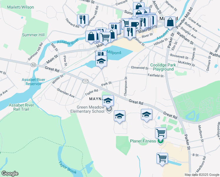 map of restaurants, bars, coffee shops, grocery stores, and more near 49 Sudbury Street in Maynard