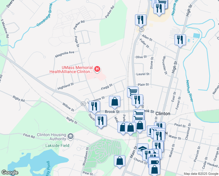 map of restaurants, bars, coffee shops, grocery stores, and more near 83 Flagg Street in Clinton