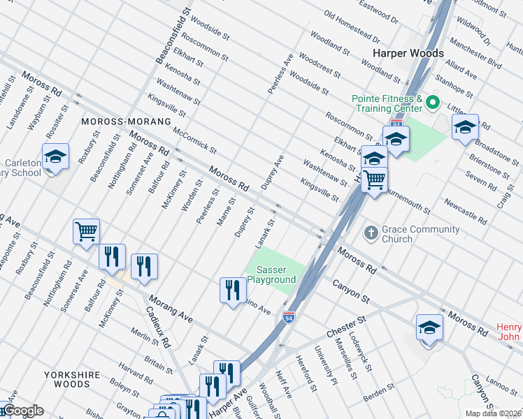 map of restaurants, bars, coffee shops, grocery stores, and more near 20406 Moross Road in Detroit