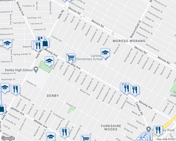 map of restaurants, bars, coffee shops, grocery stores, and more near 11728 Rossiter Street in Detroit