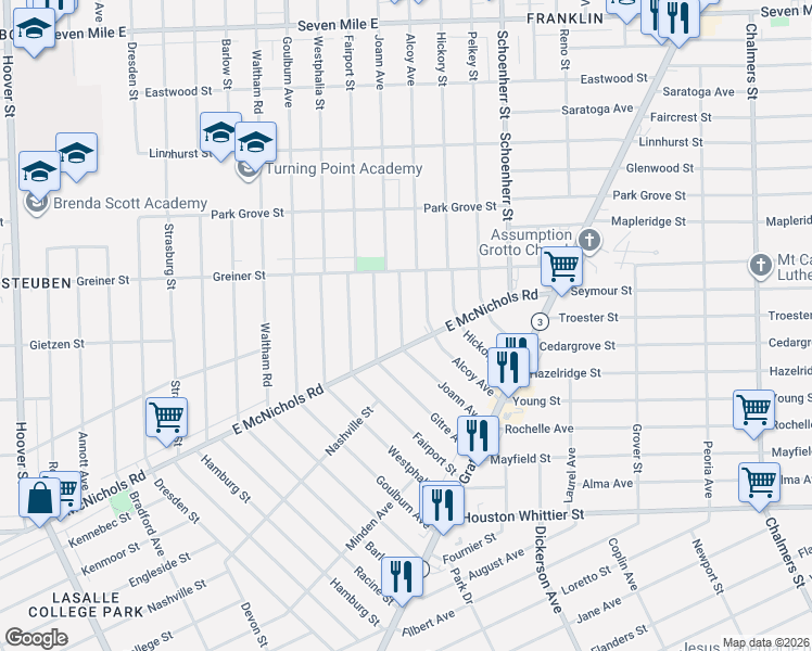 map of restaurants, bars, coffee shops, grocery stores, and more near 17130 Joann Avenue in Detroit