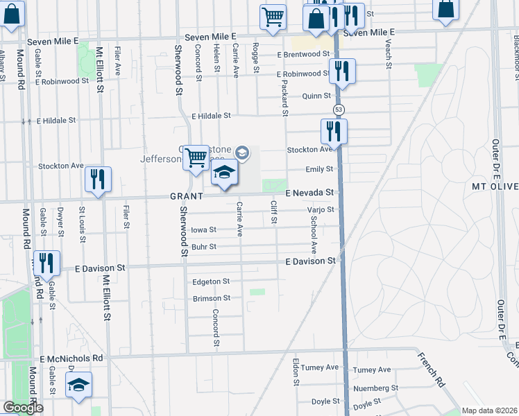 map of restaurants, bars, coffee shops, grocery stores, and more near 7125 Varjo Street in Hamtramck