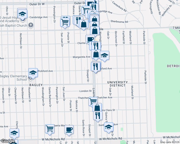 map of restaurants, bars, coffee shops, grocery stores, and more near 18306 Stoepel Street in Detroit