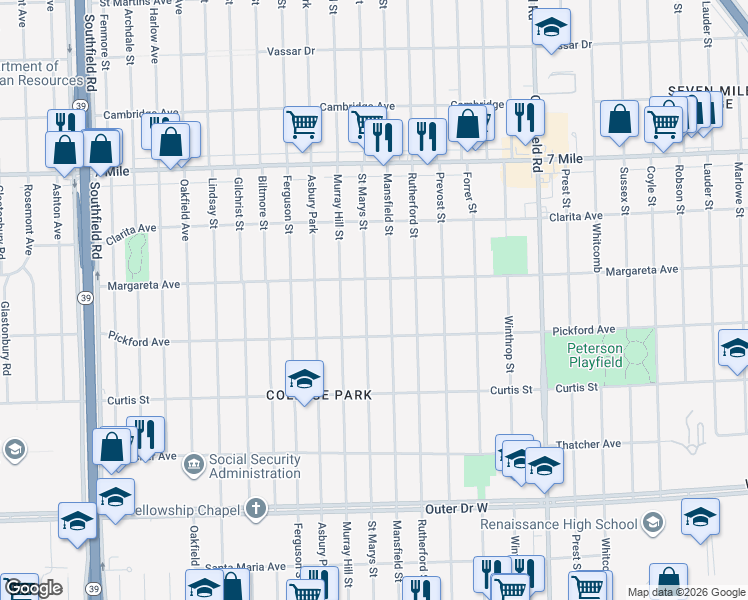 map of restaurants, bars, coffee shops, grocery stores, and more near 18483 Mansfield Street in Detroit