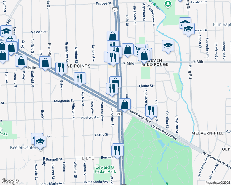 map of restaurants, bars, coffee shops, grocery stores, and more near 18615 Telegraph Road in Detroit